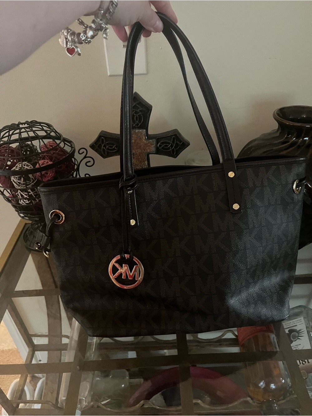 Michael Kors Dark Brown MK Signature Tote with Gold Accents